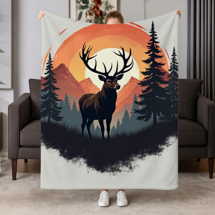 Family Tree Print - Vintage Stag And Mountain Sunset Flannel